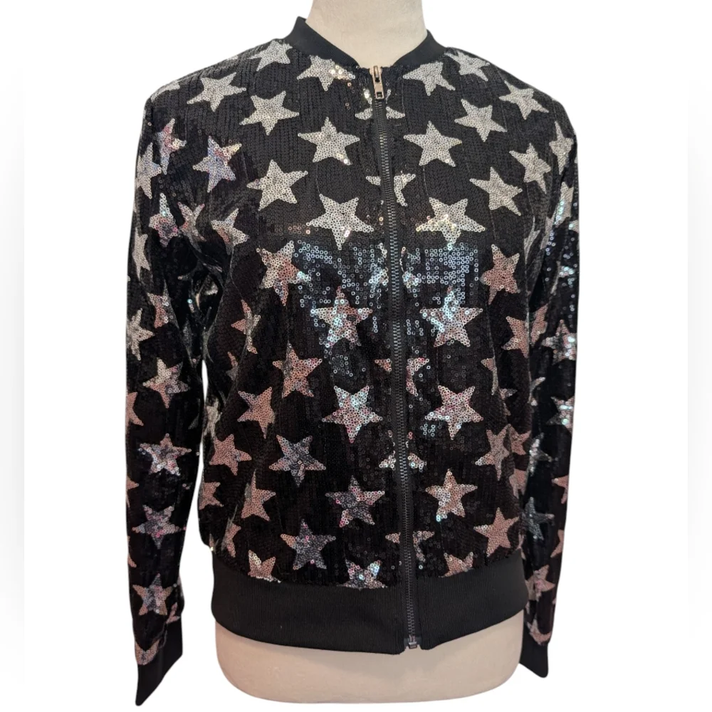 Say What? Women's Size Small Sequin Star Bomber Jacket Silver Glitter Glam - Picture 1 of 9